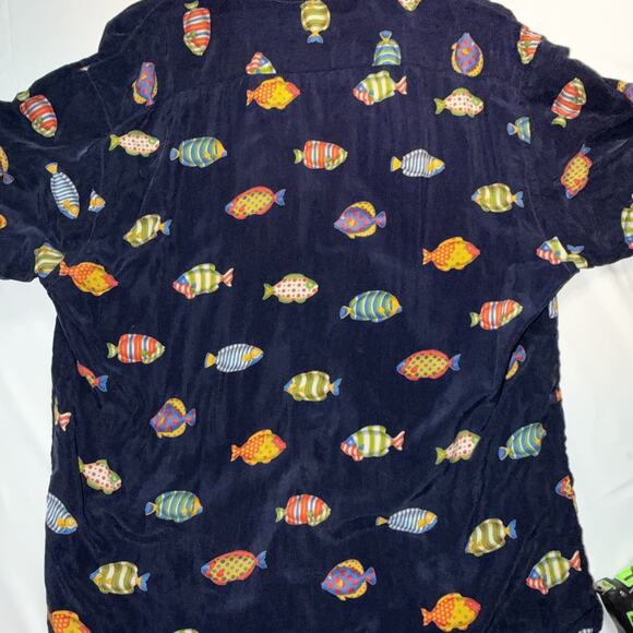 Vintage Tuttle Golf Mens Size Large Short Sleeve Camp Shirt Blue Tropical Fish - Picture 6 of 6